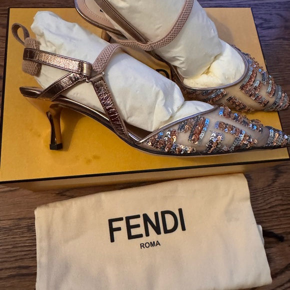 Fendi Tan metallic and Blue Embellished Kitten Heels - Picture 7 of 8